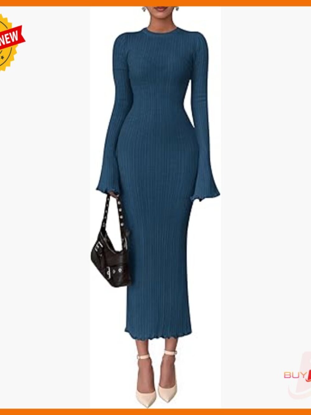 Ribbed Knit Bodycon Maxi Dress Long Sleeve Bell Winter Sweater Dress